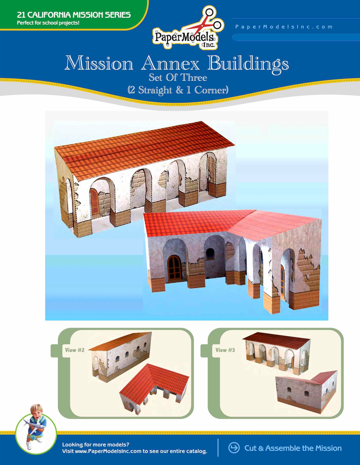 California Mission Annex Buildings - Straight And Corner - Paper Model Kit