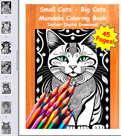 Mandala Coloring Book, Cats Large And Small, Instant PDF Download