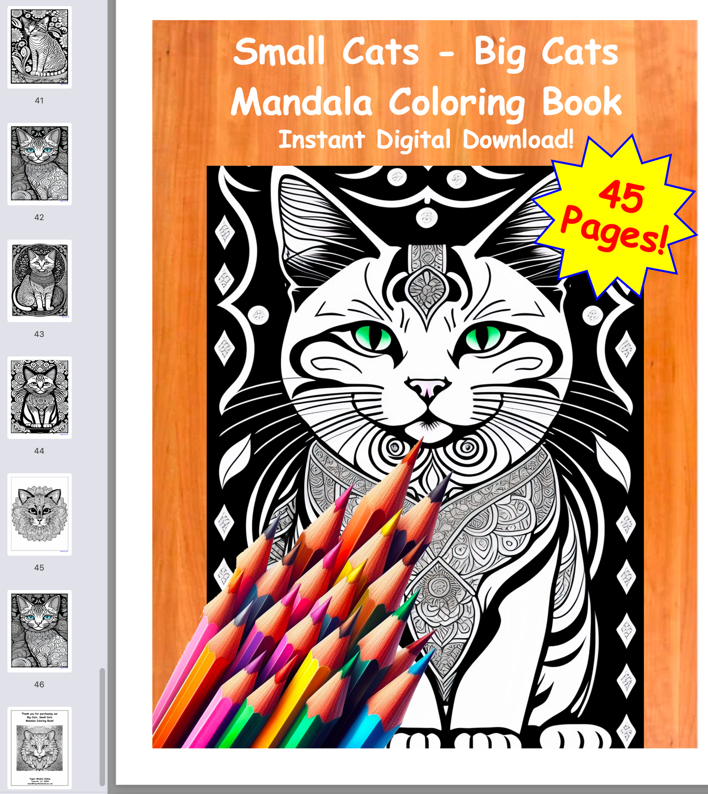 Mandala Coloring Book, Cats Large And Small, Instant PDF Download