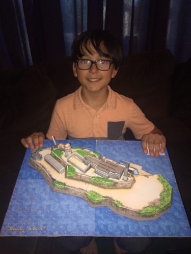 Here's Aaron with his amazing Alcatraz model he built with the help of his dad Nick and the support of his mom, Steph all the way from Greece!