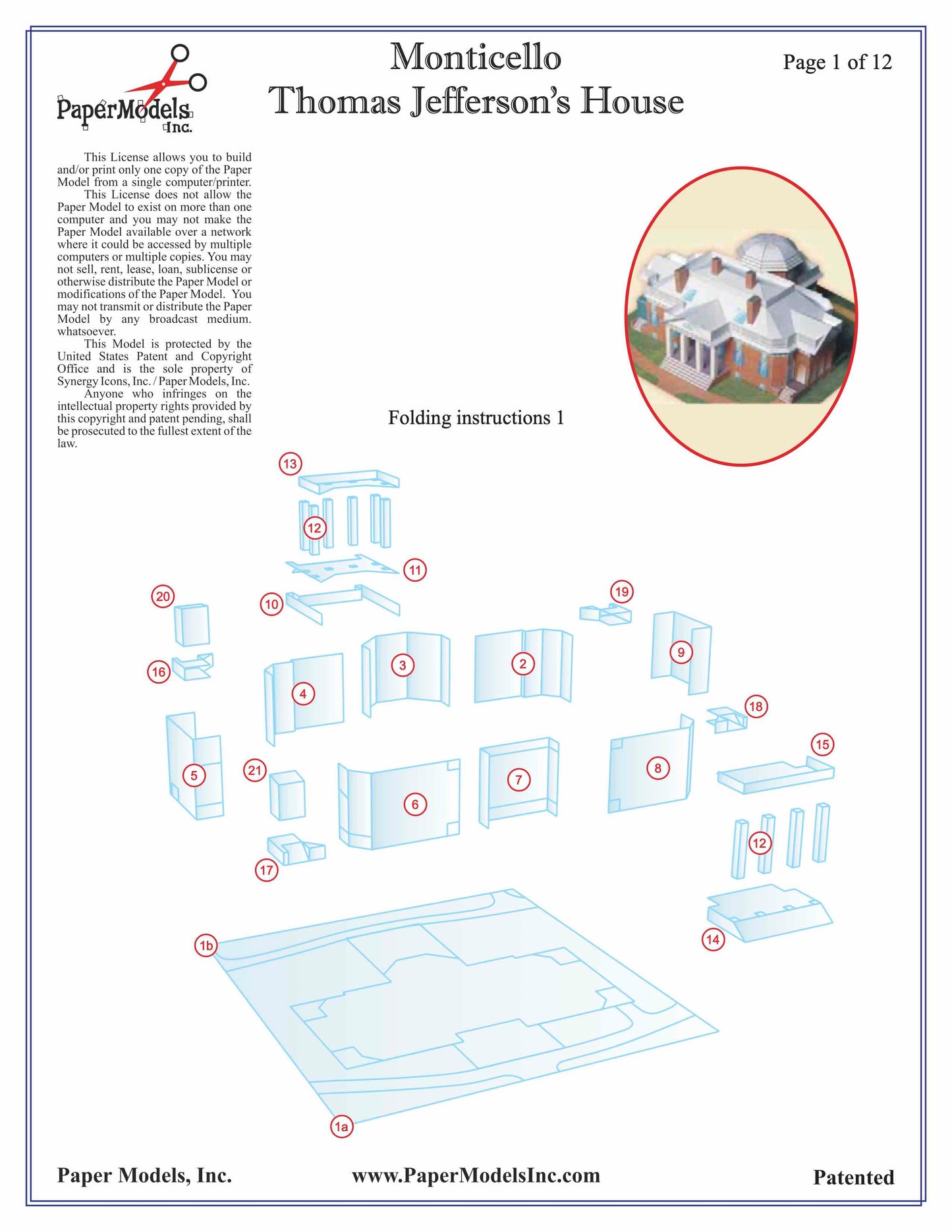 Monticello - Thomas Jefferson's Home - Paper Model Project Kit